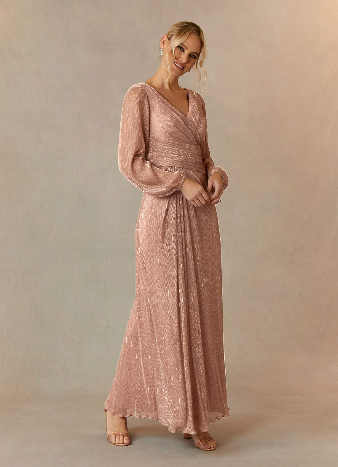 Upstudio Winslow At-home Try On Dresses Rose Gold A-Line V-Neck Pleated Metallic Mesh Dress image1