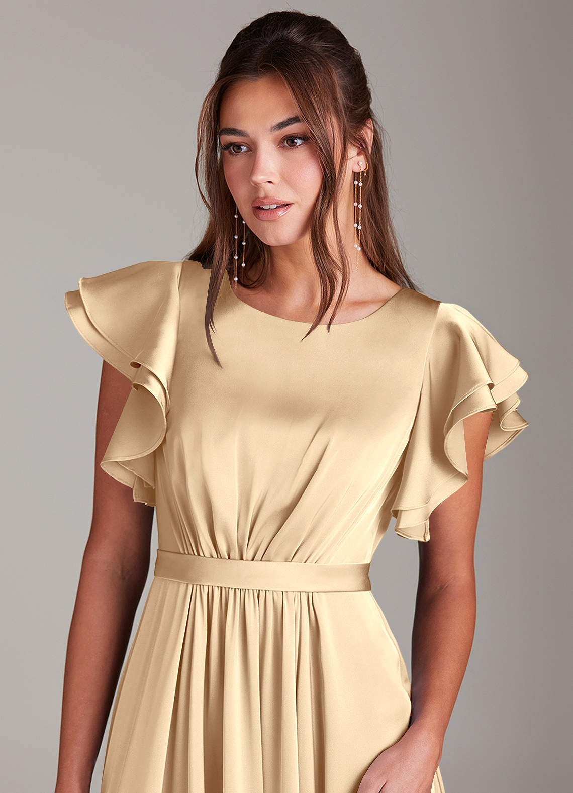 Azazie Daphne At-home Try On Dresses A-Line Ruched Stretch Satin Floor-Length Dress image4