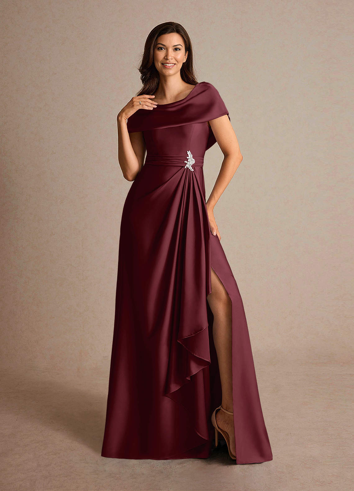 Azazie Branford Mother of the Bride Dresses Cabernet A-Line Pleated Stretch Satin Dress image5