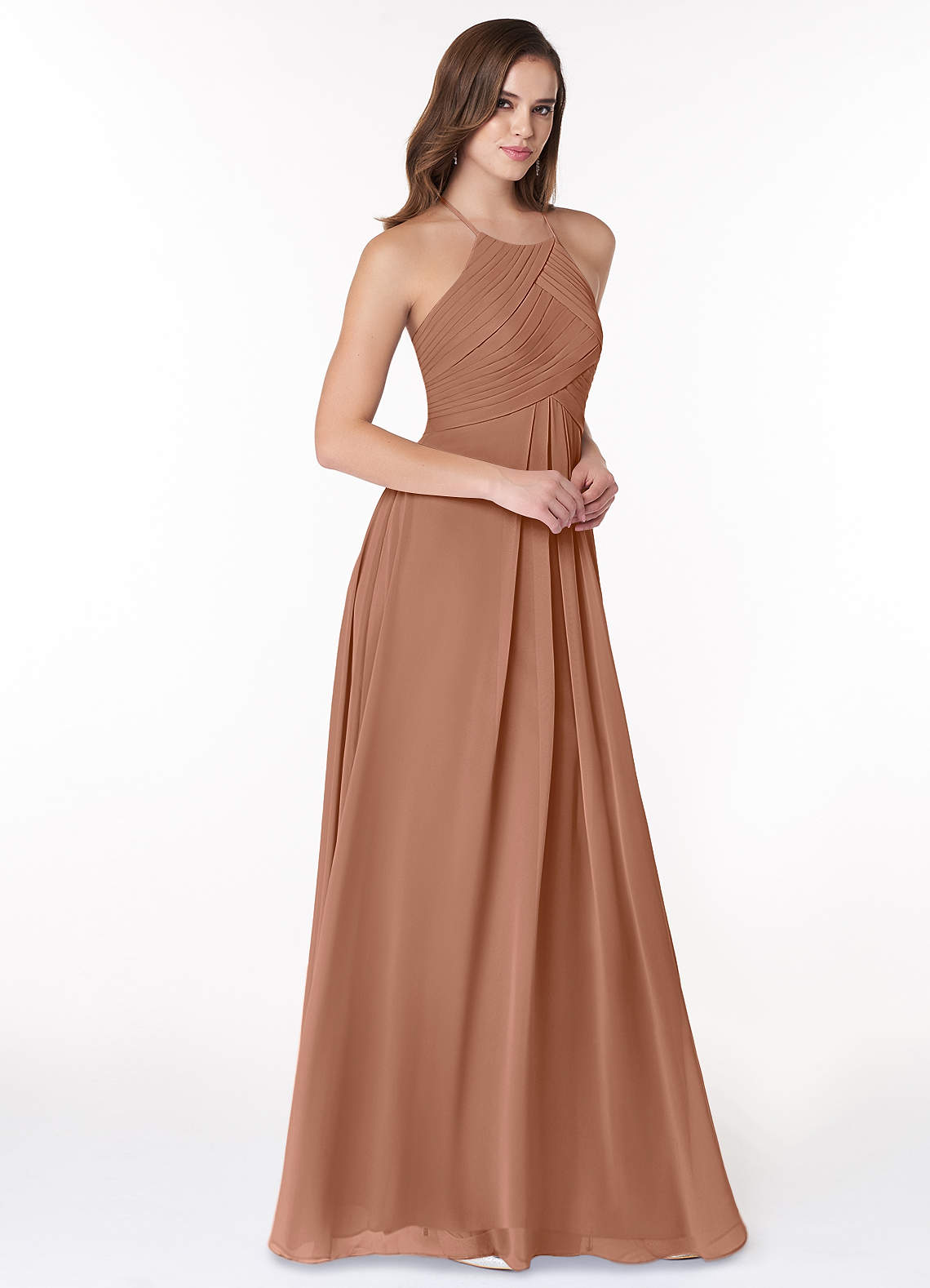 Azazie Ginger Bridesmaid Dresses Bronzer A-Line Halter Pleated Chiffon Dress image1