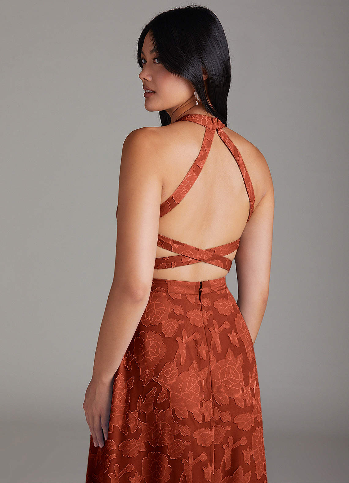 Azazie Clarice Bridesmaid Dresses Auburn A-Line Side Slit Floral Burnout Dress image5