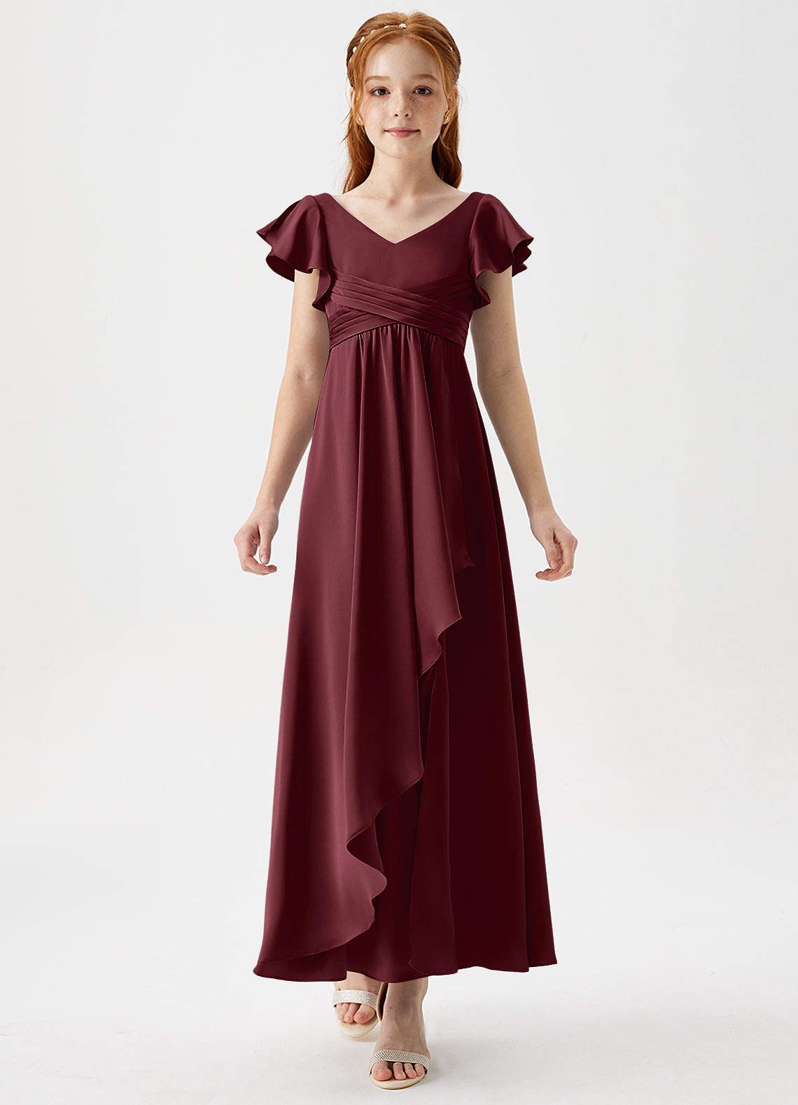 Azazie Omari Junior Cabernet A-Line Pleated Stretch Satin Dress image4