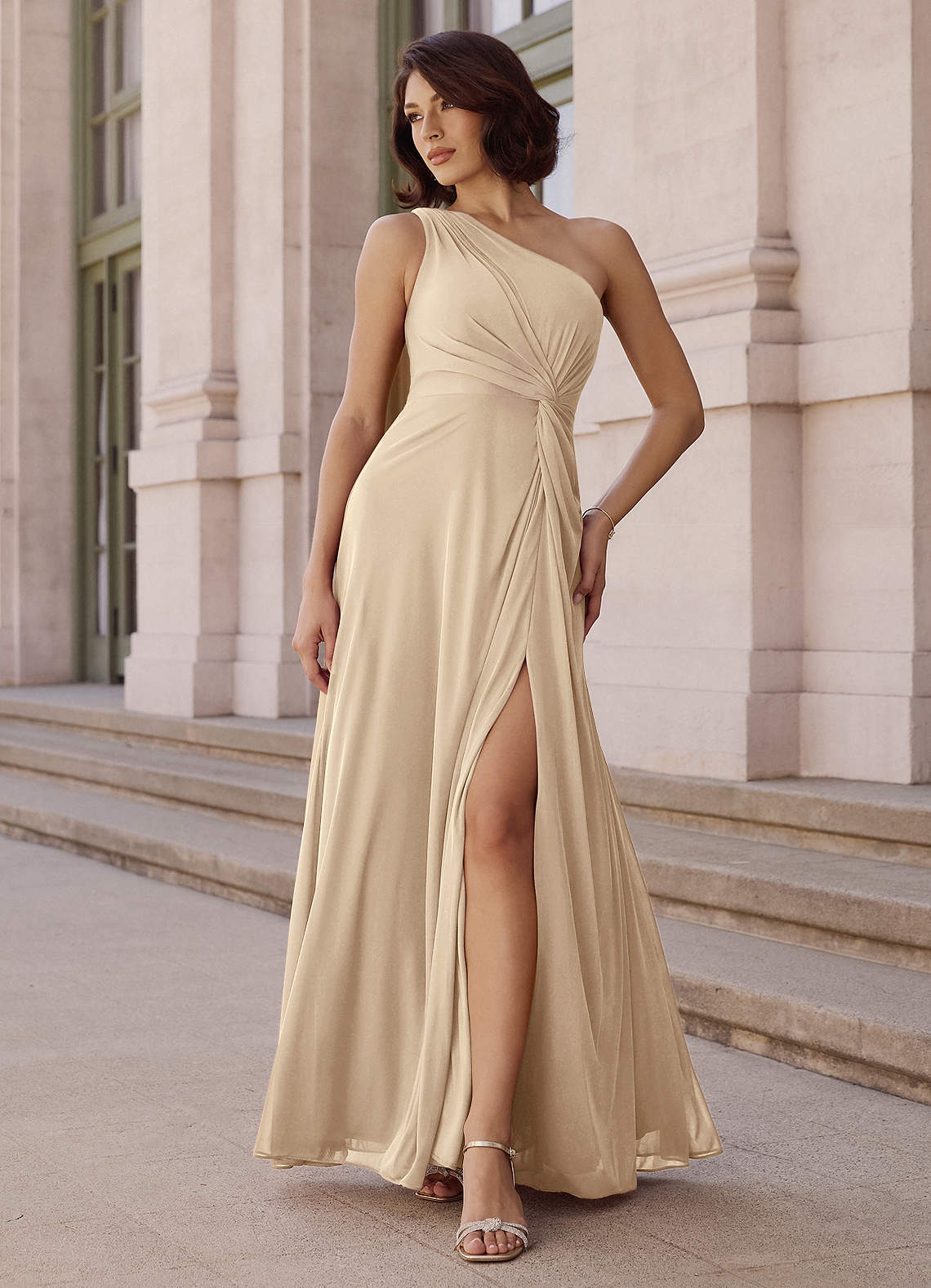 Azazie Brooke Bridesmaid Dresses Champagne A-Line One Shoulder Chiffon Dress image1
