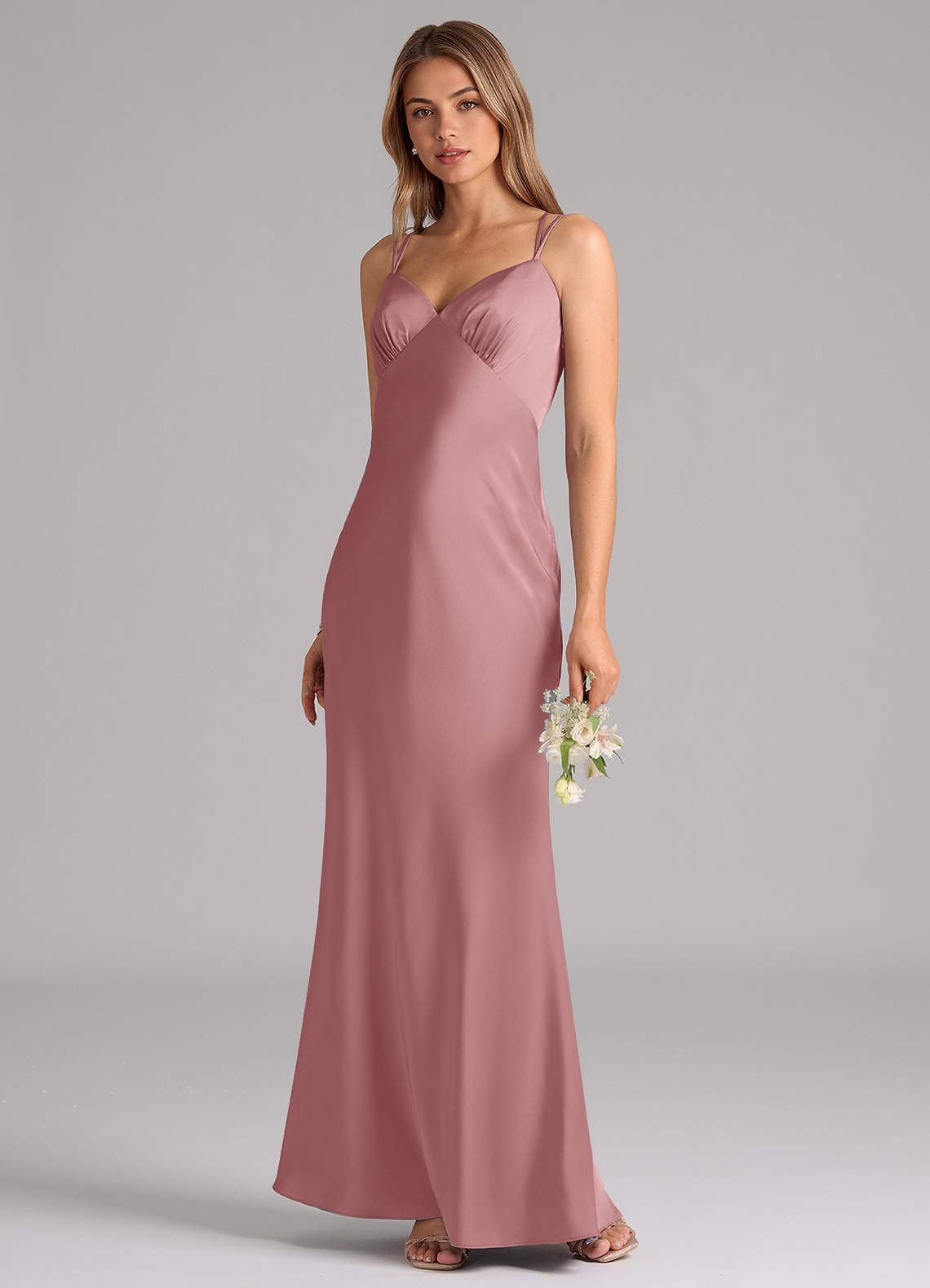 Azazie Suttona Vestidos de damas de honor Vestido de Rosa Polvorienta de Satén Elástico de Corte en A con Plisado image3