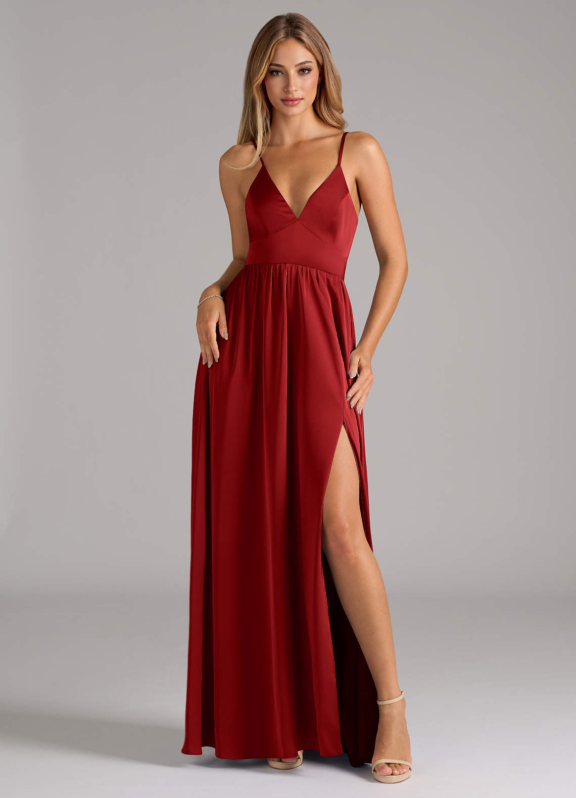 Azazie Aaida Bridesmaid Dresses Pomegranate A-Line Corset Stretch Satin Dress image1