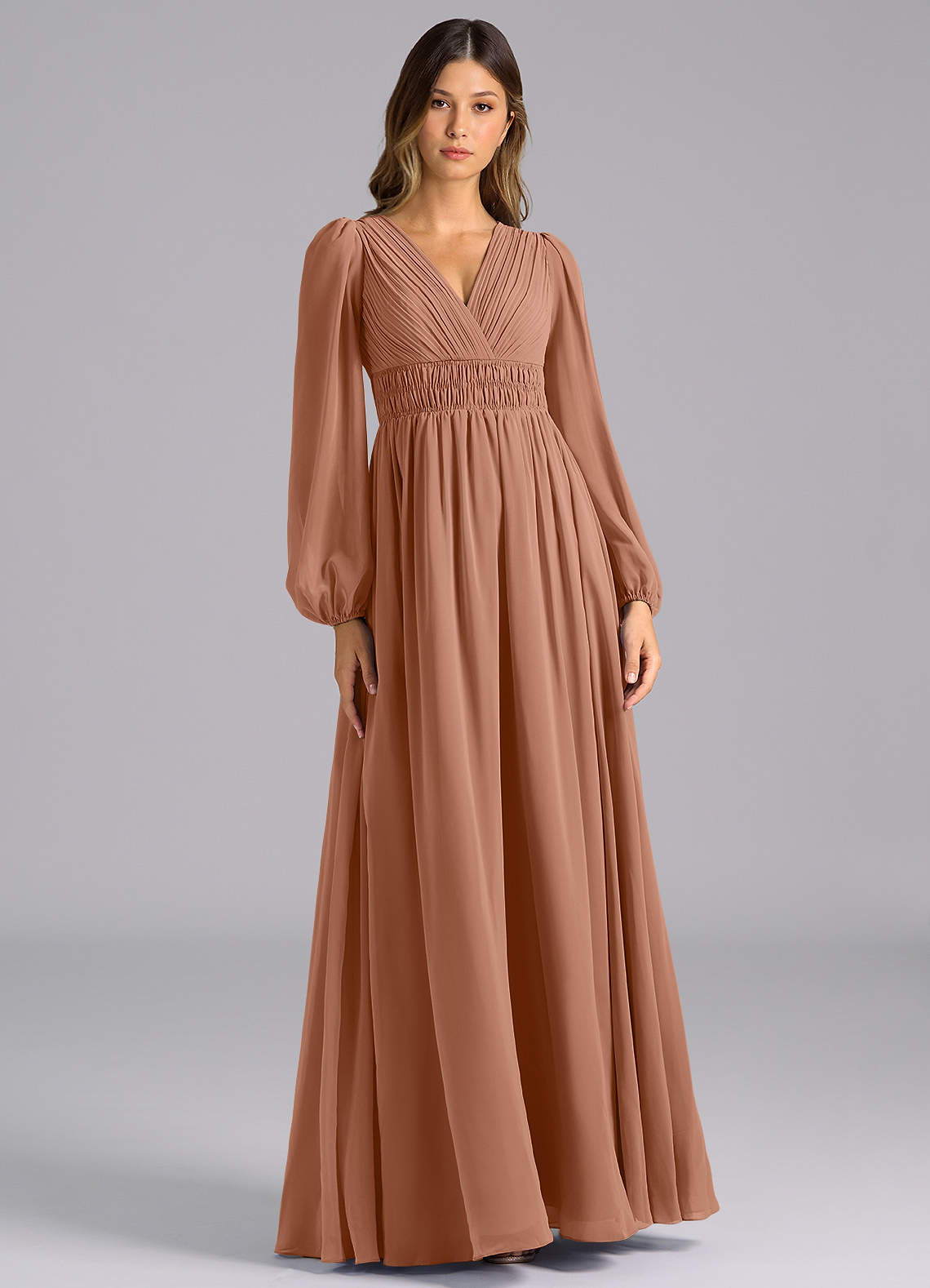 Azazie Palerma Abiti da Damigella Abito A-Line in Chiffon Manica Lunga Bronzo image1