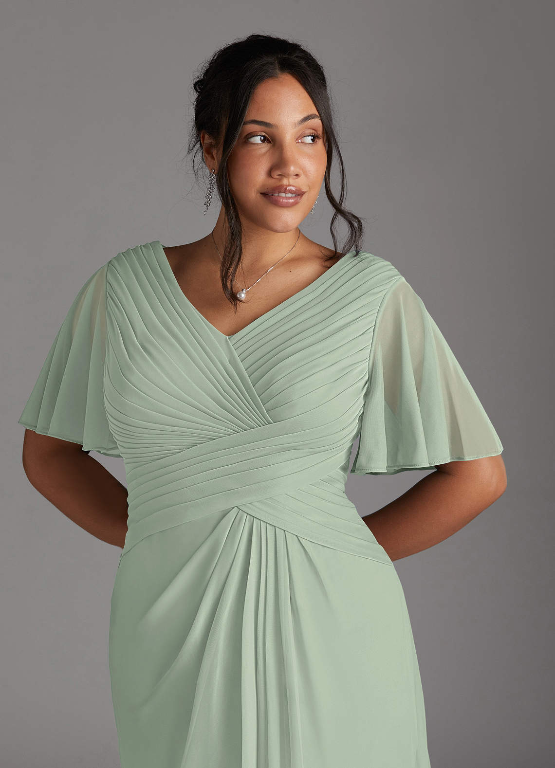 Azazie Emmeline Mother of the Bride Dresses Dusty Sage A-Line V-Neck Pleated Mesh Dress image9