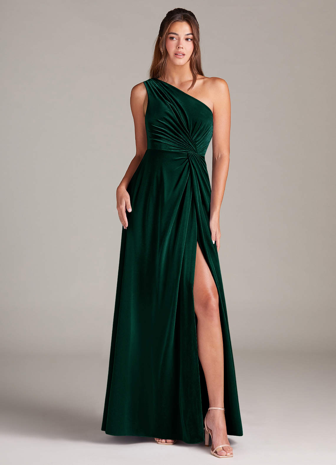 Azazie Brooke Bridesmaid Dresses Emerald A-Line One Shoulder Velvet Dress image1