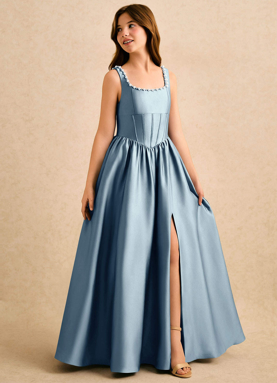 Azazie Enid Girls Formal Kukkatyttöjen mekot A-linja Helmillä koristeltu Joustava satiini Lattian pituus Mekko image2