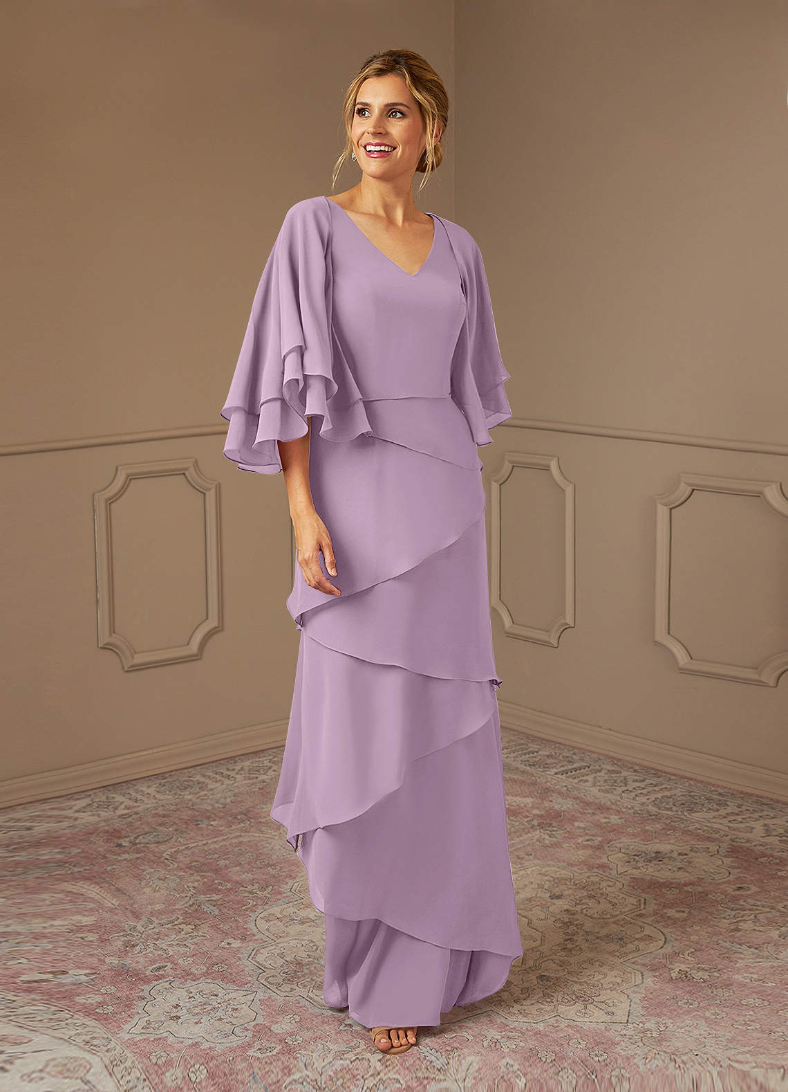 A-Line Pleated Chiffon Dress with V-Neck Wisteria