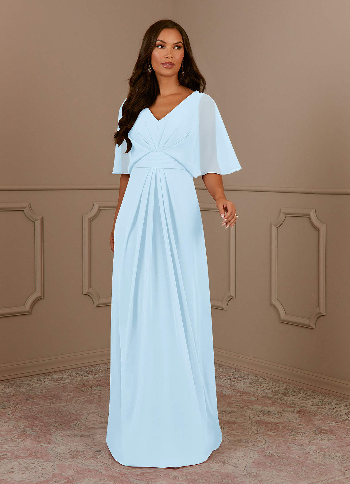 Azazie Oksana Sky Blue A-Line V-Neck Pleated Chiffon Dress | Azazie