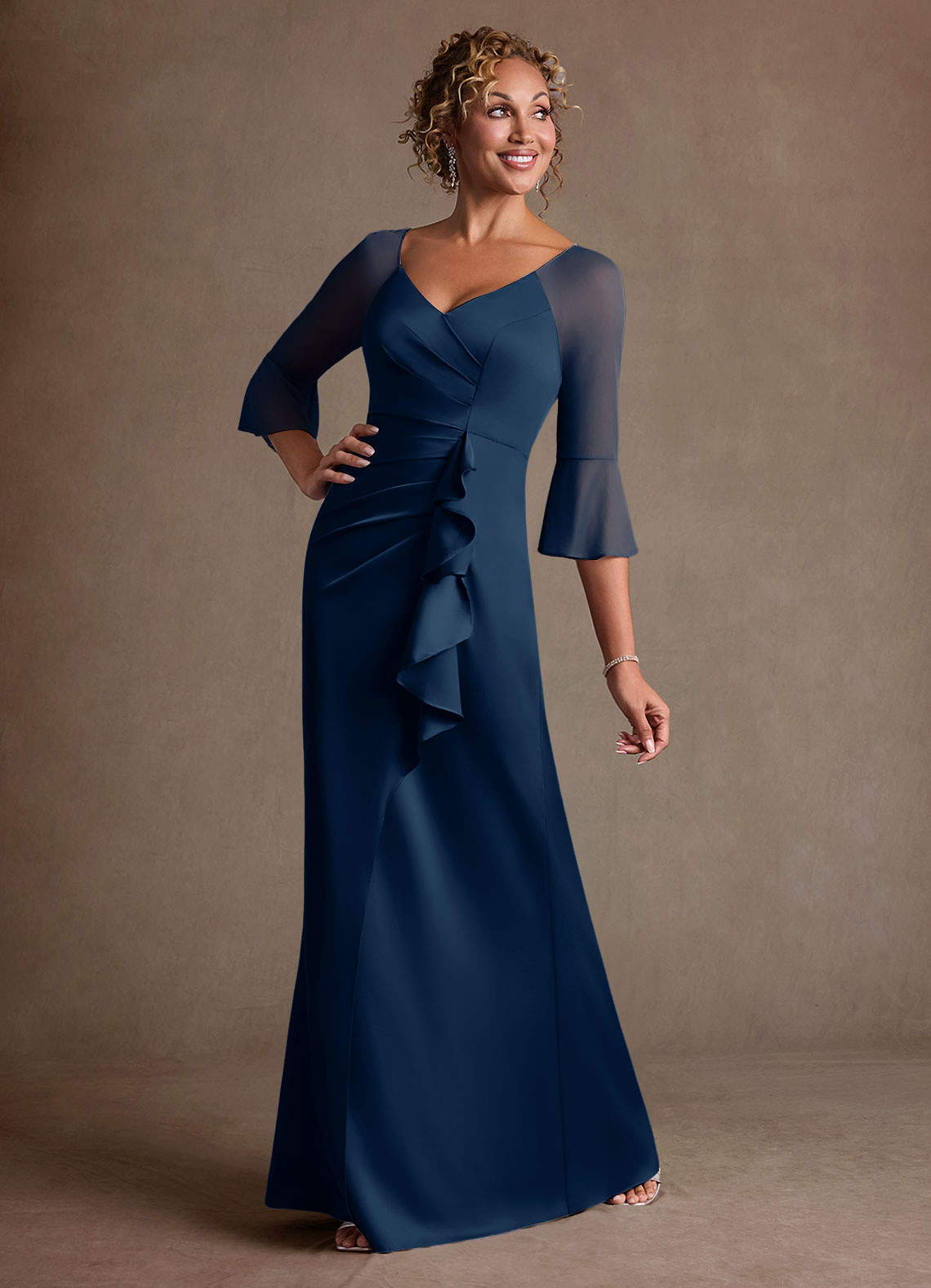 Azazie Nampa Vestidos para mãe da noiva Vestido Azul Marinho de Malha de Bainha com Plissado image1