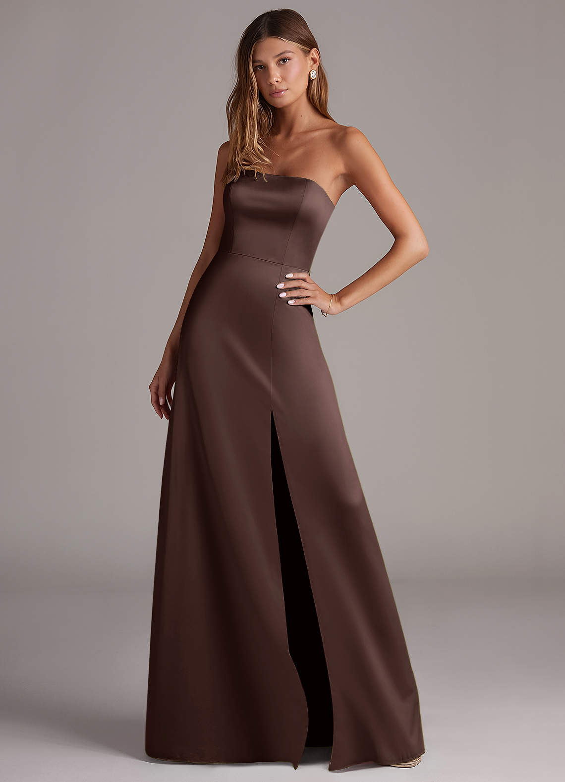 Azazie Wren Vestidos de madrinha de casamento Vestido Ganache de Cetim elástico de Linha A com Sem alças image2