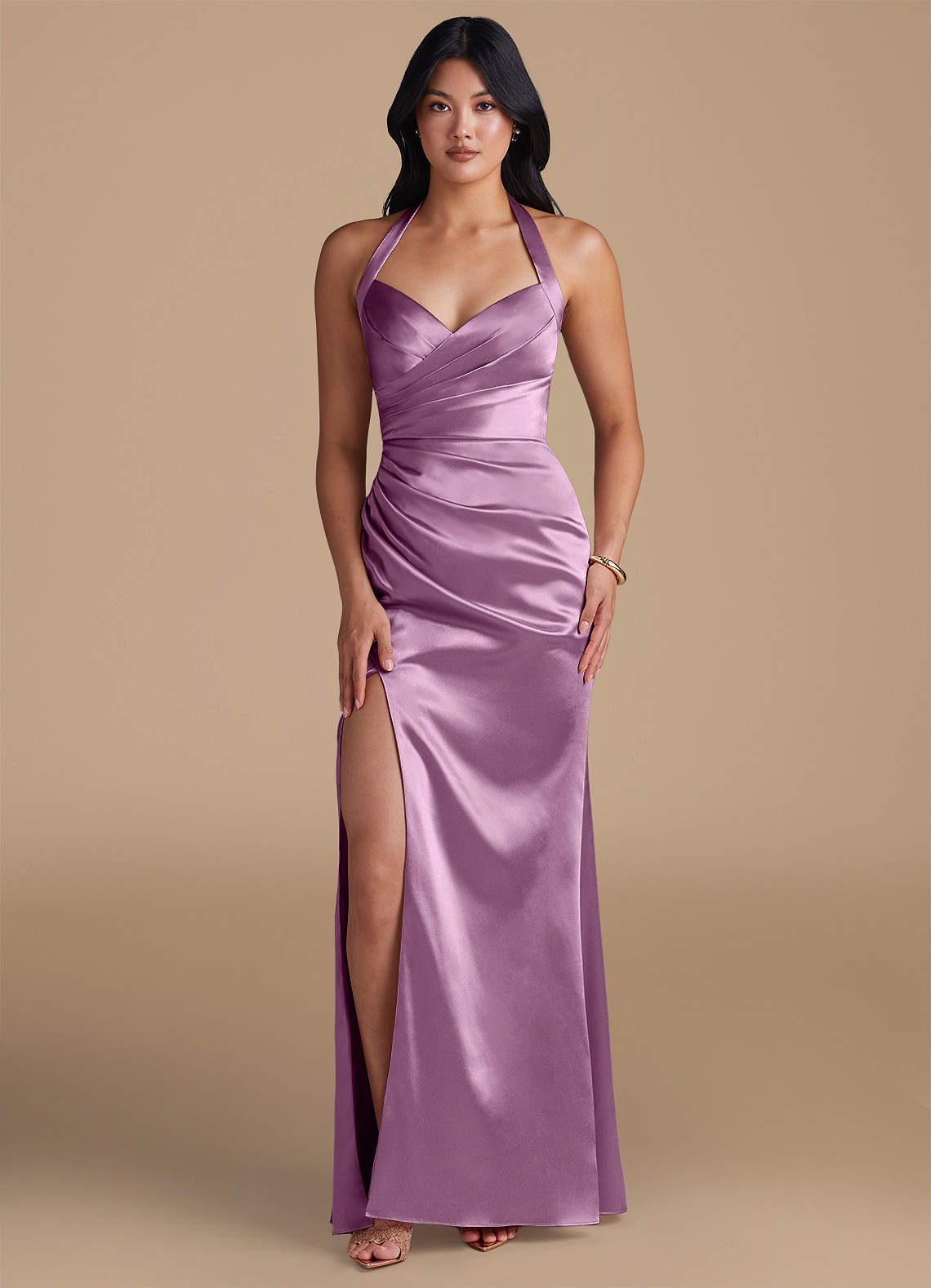 Azazie Emeria Bridesmaid Dresses Wisteria Sheath Side Slit Metallic Satin Dress image1
