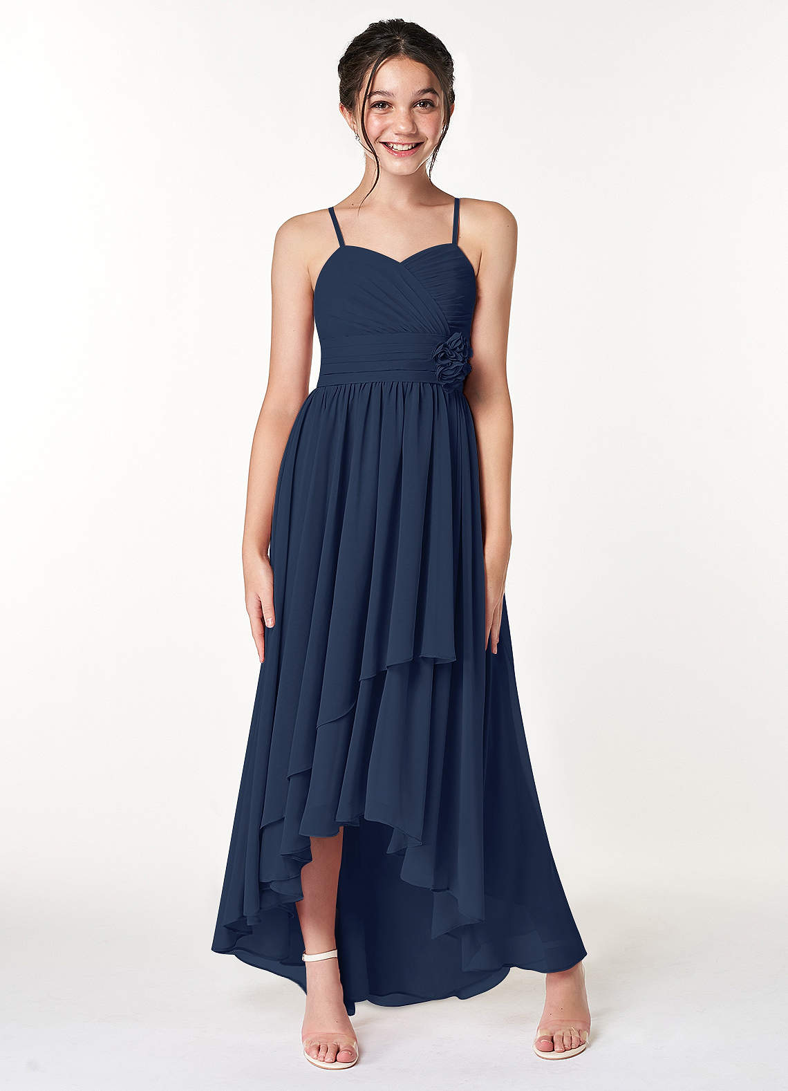 Azazie Catalina Junior Robe Trapèze en Mousseline de soie Rayé Bleu Marine Foncé image3