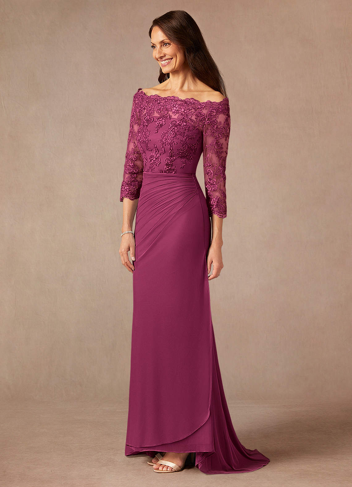 Azazie Mermaid Off The Shoulder Sweep Train Mesh Mother of The Bride or Groom Dresses - Mulberry