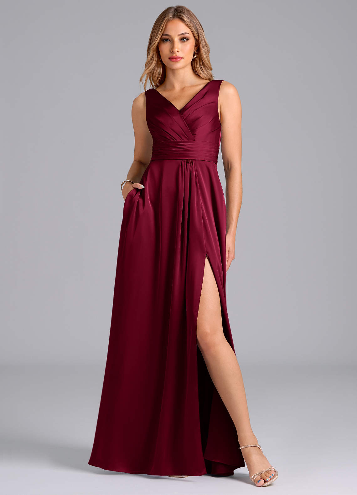Azazie Karina Bridesmaid Dresses Burgundy A-Line Pleated Stretch Satin Dress image1