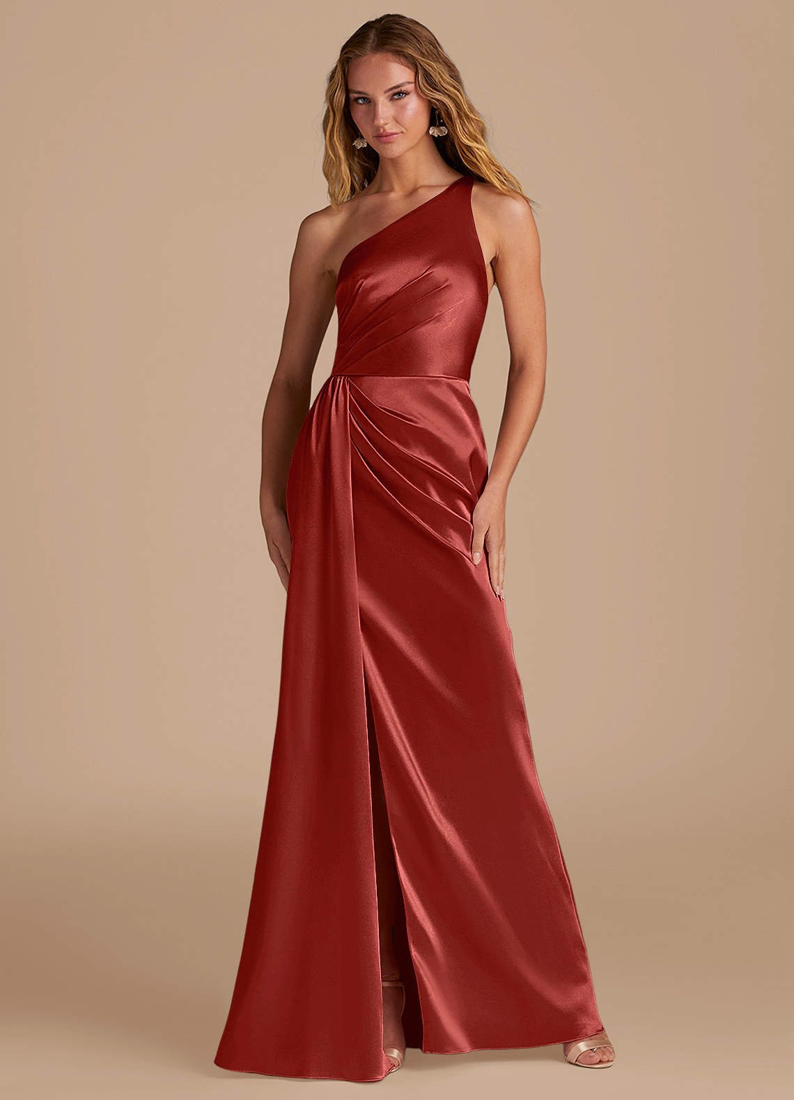 Azazie Mika Bridesmaid Dresses Rust Sheath One Shoulder Metallic Satin Dress image1