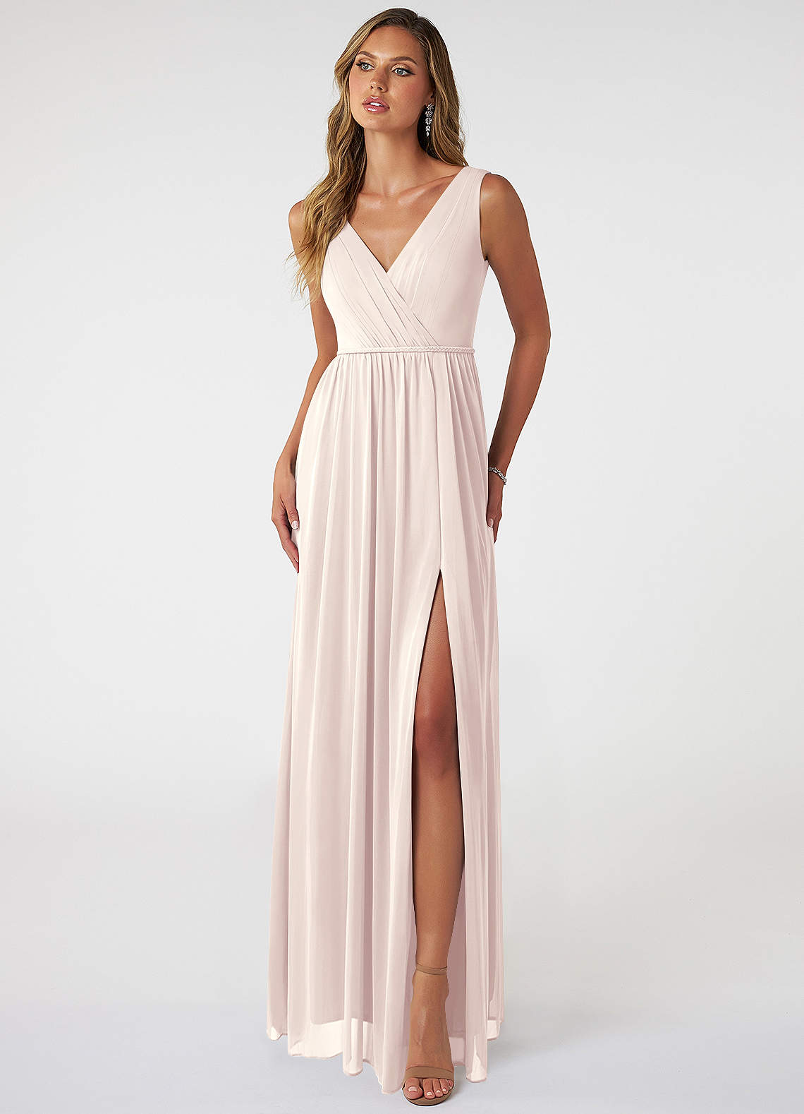 Azazie Tanicia Bridesmaid Dresses Rose Petal A-Line V-Neck Pleated Mesh Dress image1