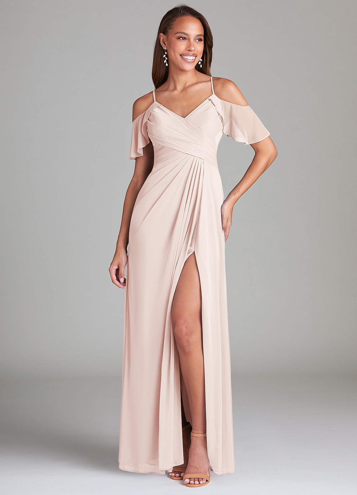 Azazie Dakota Bridesmaid Dresses Rose Petal A-Line Off the Shoulder Mesh Dress image1