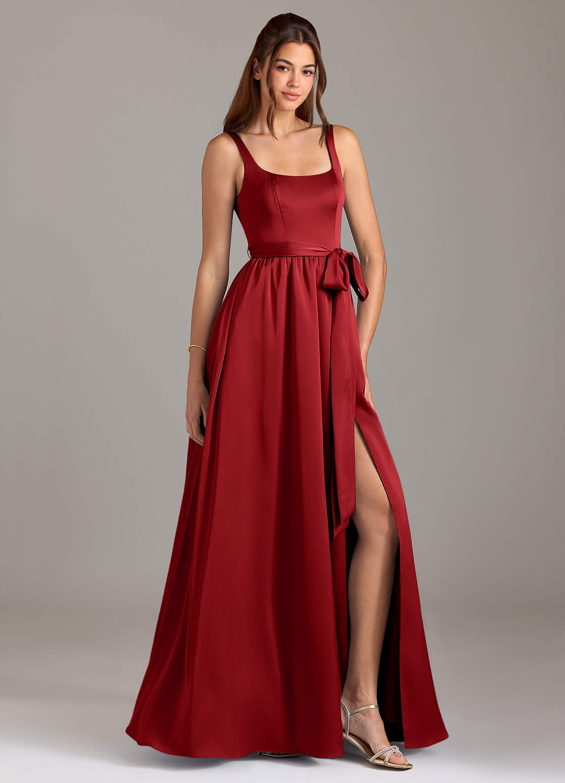 Azazie Elliott Bridesmaid Dresses Pomegranate A-Line with Pockets Stretch Satin Dress image1