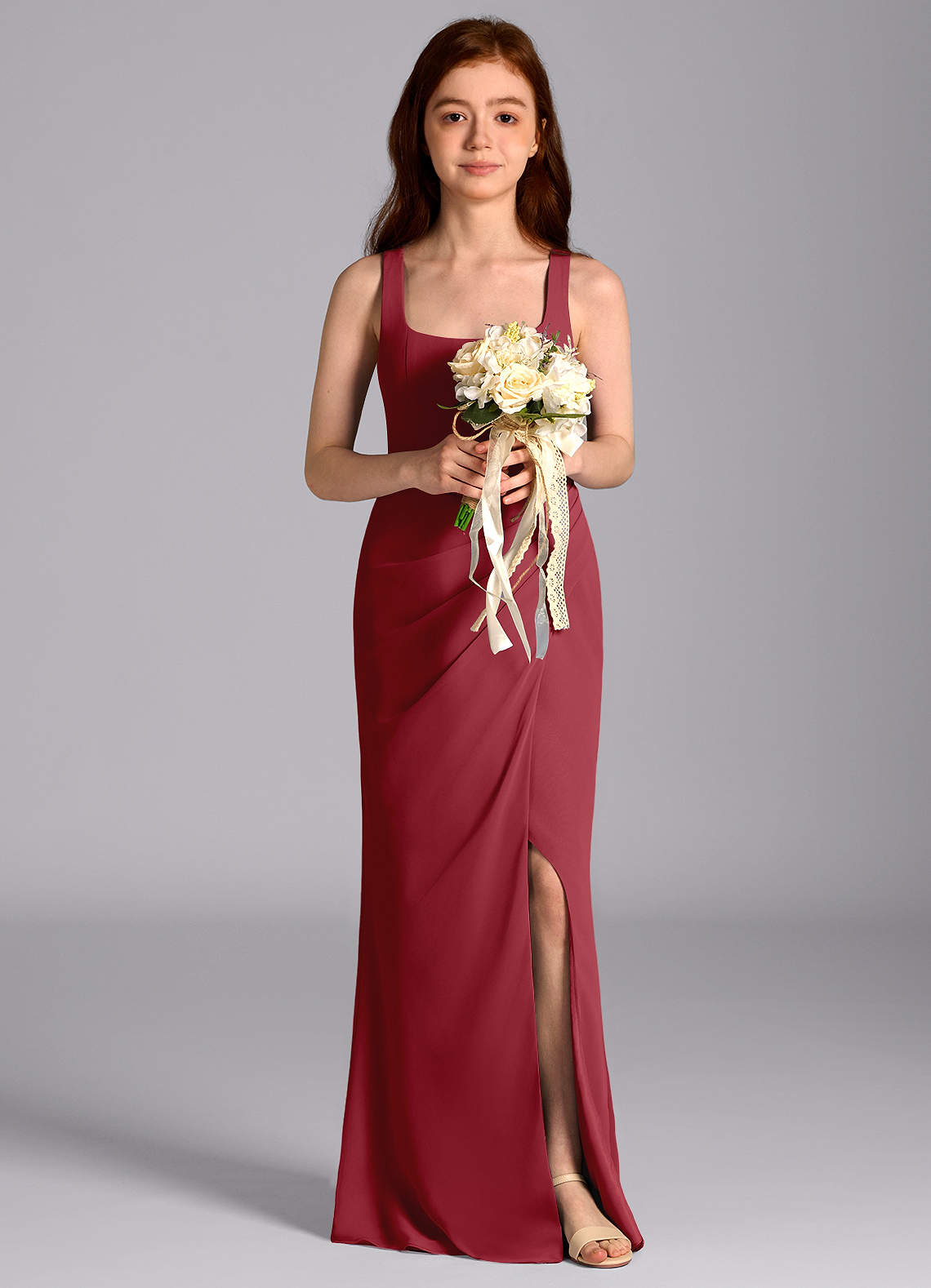 Azazie Mero Junior Meerjungfrau-Linie Plissee Chiffon Kleid Granatapfelrot image1