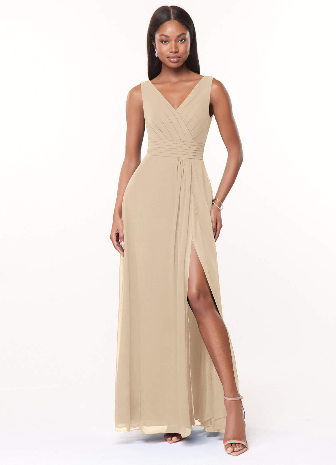 Azazie Karina Bridesmaid Dresses Champagne A-Line Pleated Chiffon Dress image1