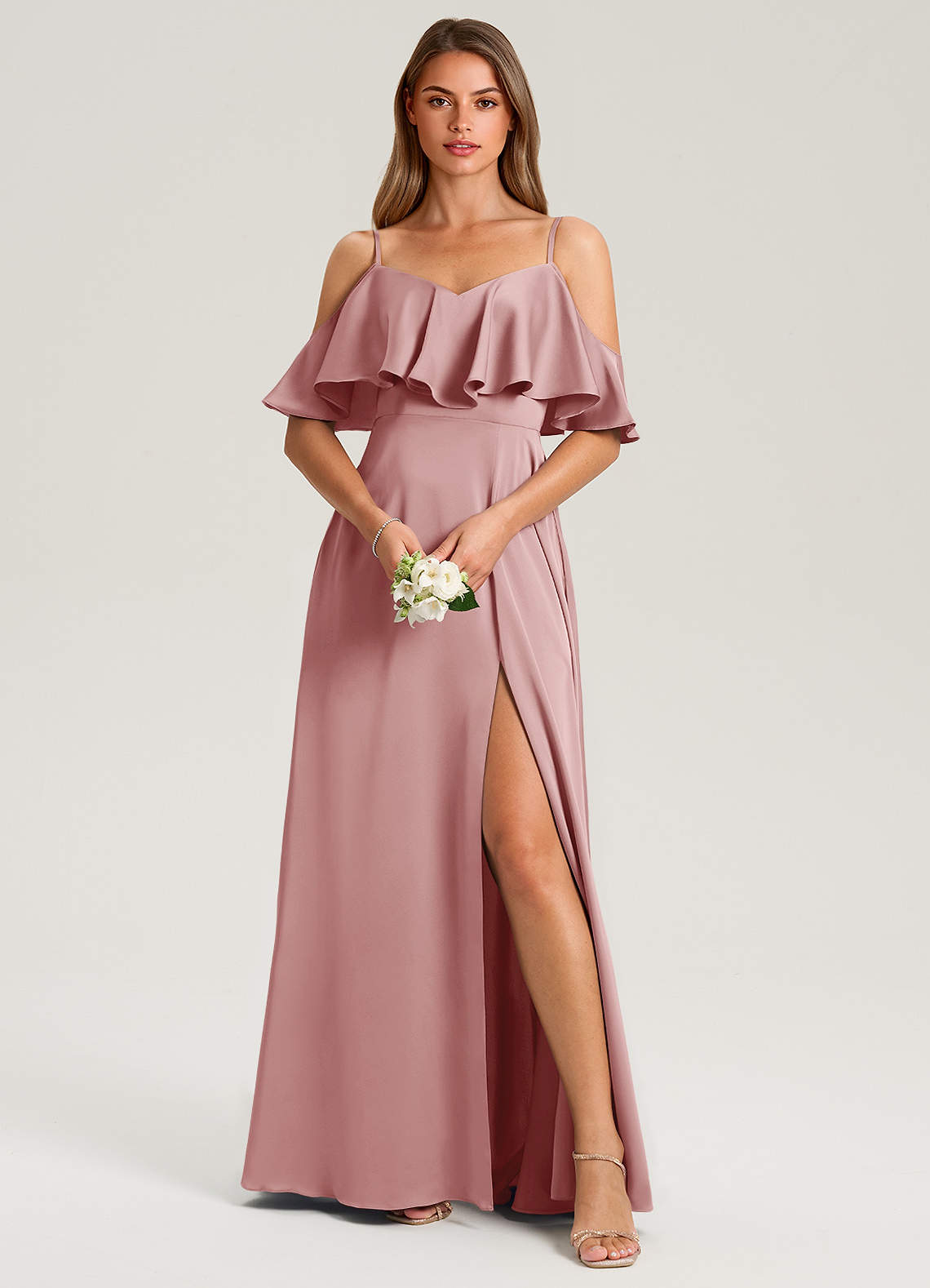 Azazie Jean Bridesmaid Dresses Dusty Rose A-Line Off the Shoulder Stretch Satin Dress image1