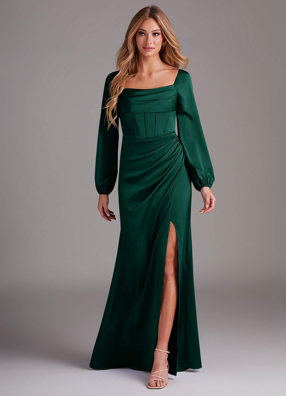 Azazie Charissa Bridesmaid Dresses Emerald Sheath Long Sleeve Stretch Satin Dress image1