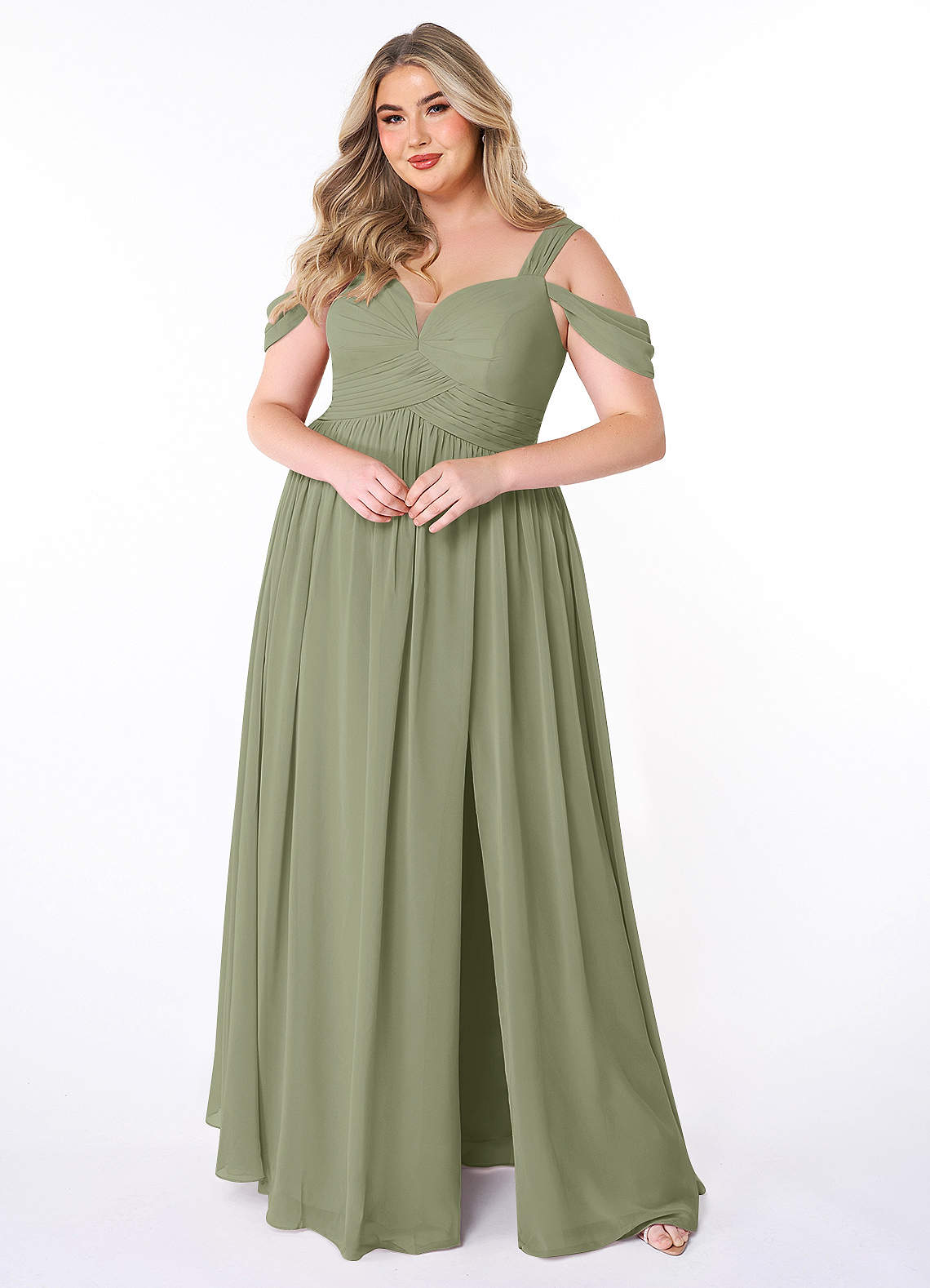 Azazie Lianne Bridesmaid Dresses Pistachio A-Line Off the Shoulder Chiffon Dress image1