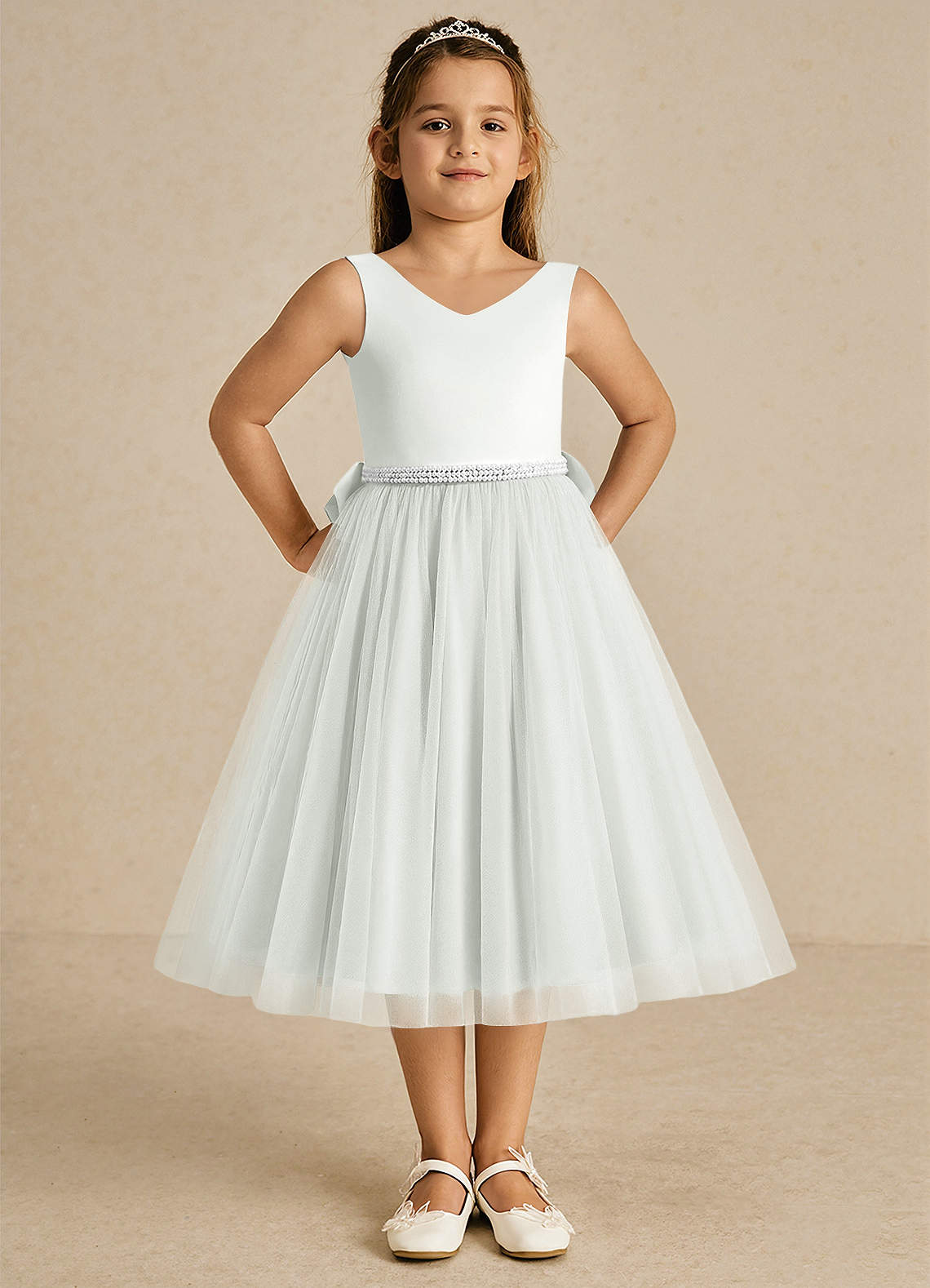 Azazie Firefly Flower Girl Dresses Ivory A-Line Bow Matte Satin Dress image2