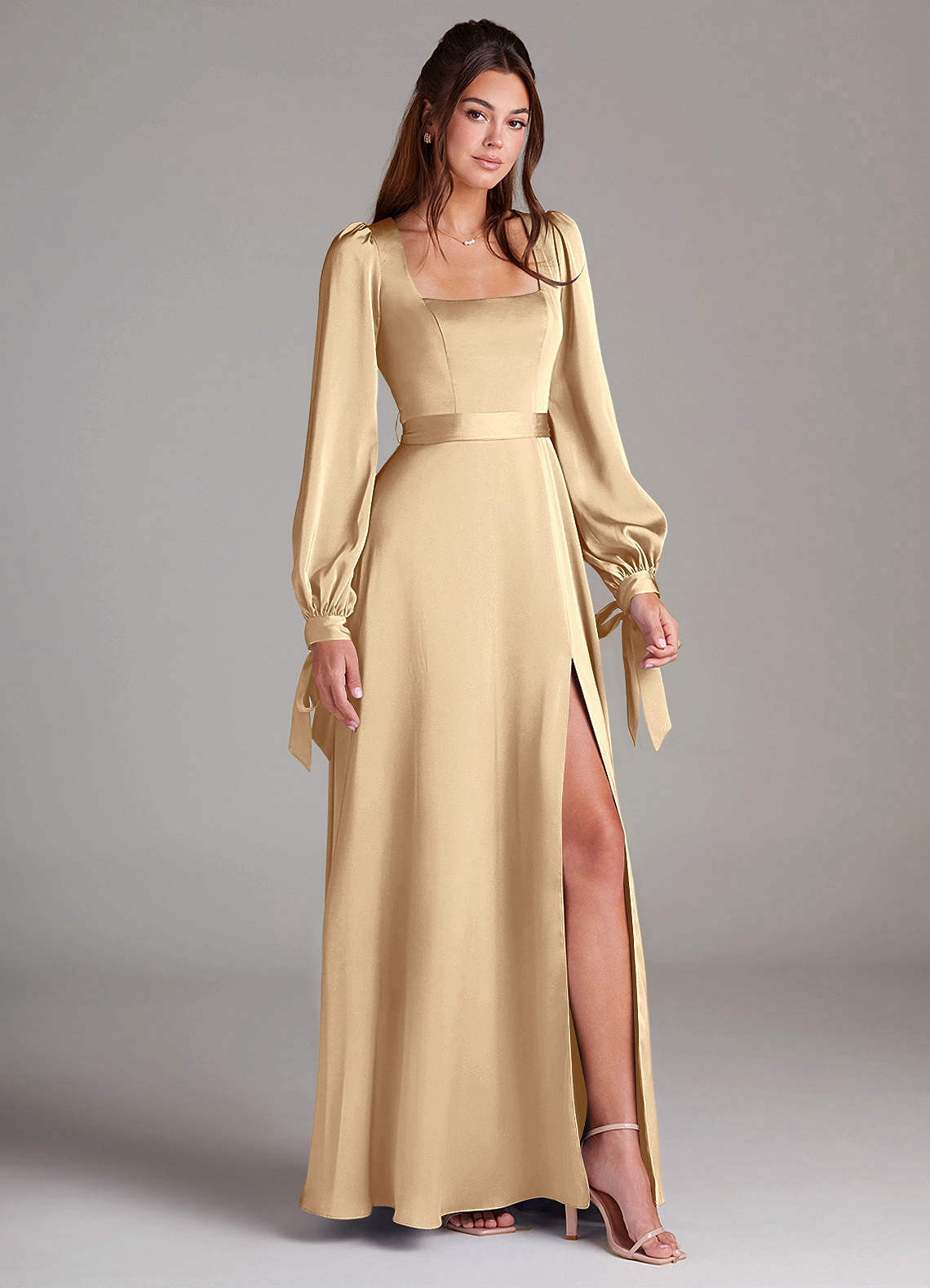 Azazie Leonia Champagne Stretch Satin Bridesmaid Dresses | Azazie