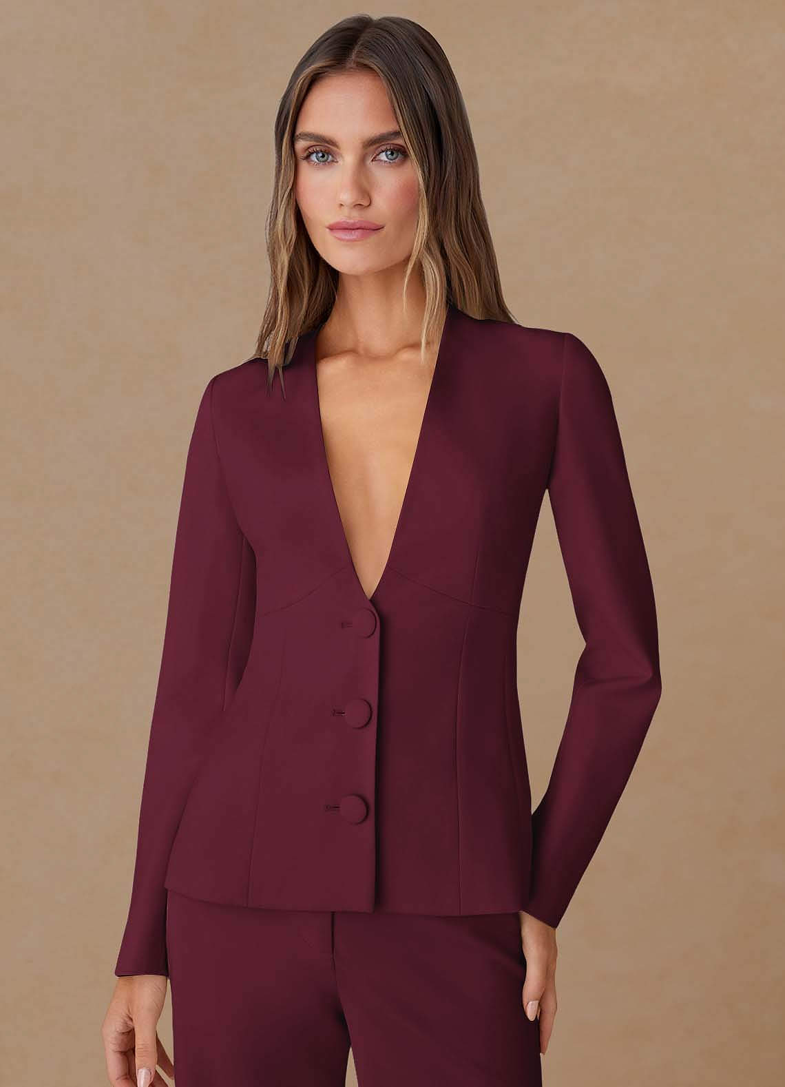 front Elara Borgoña Traje de dos piezas de tejido refinado con escote pronunciado