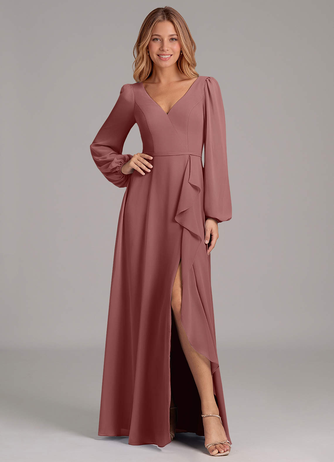 Azazie Simone Bridesmaid Dresses Desert Rose A-Line Long Sleeve Chiffon Dress image1