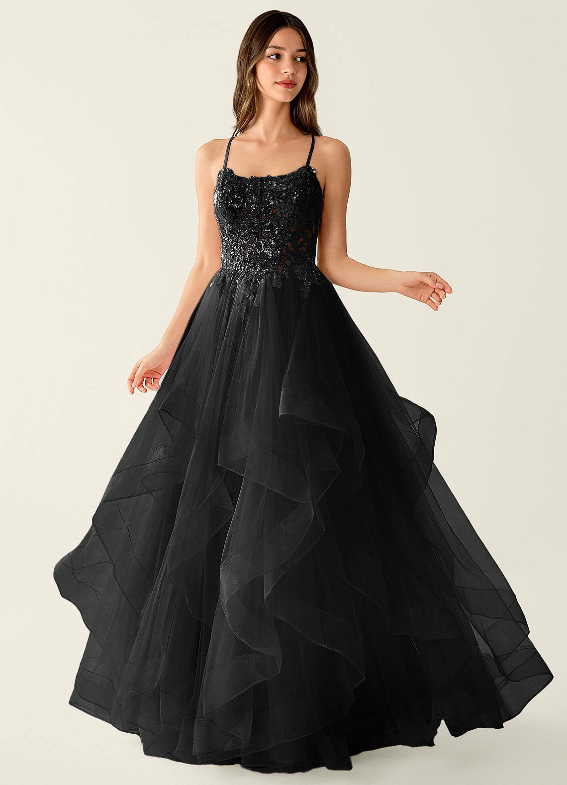 Mosaic Black A-Line Floral Tulle Gown