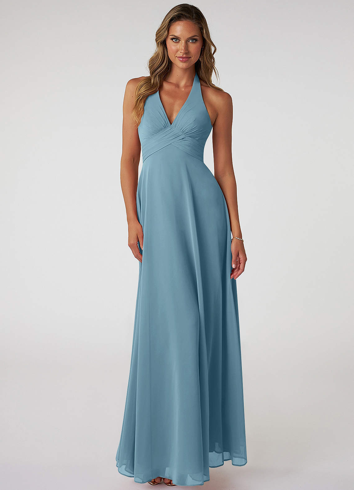 Azazie Tessie Bridesmaid Dresses Moody Blue A-Line V-Neck Pleated Chiffon Dress image1