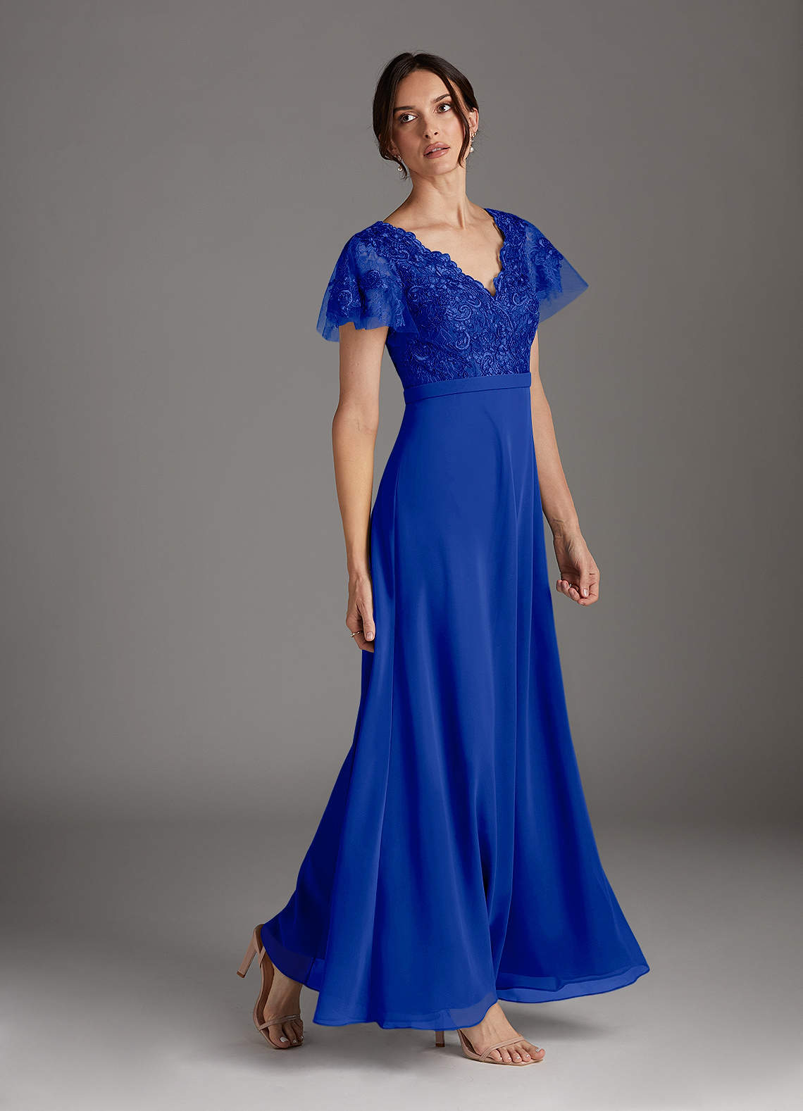 Azazie Singer Royal Blue A-Line V-Neck Lace Chiffon Dress | Azazie