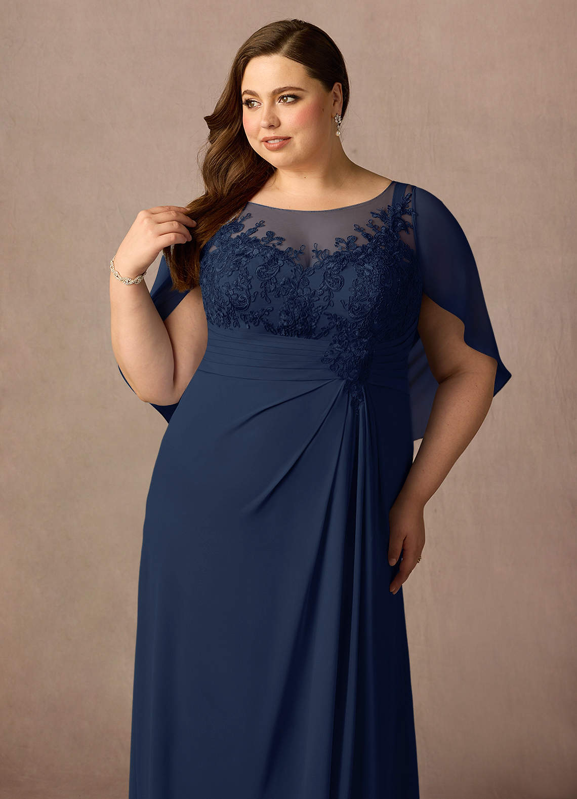 Azazie Hera Mother of the Bride Dresses Dark Navy A-Line Lace Capelet Chiffon Dress image10