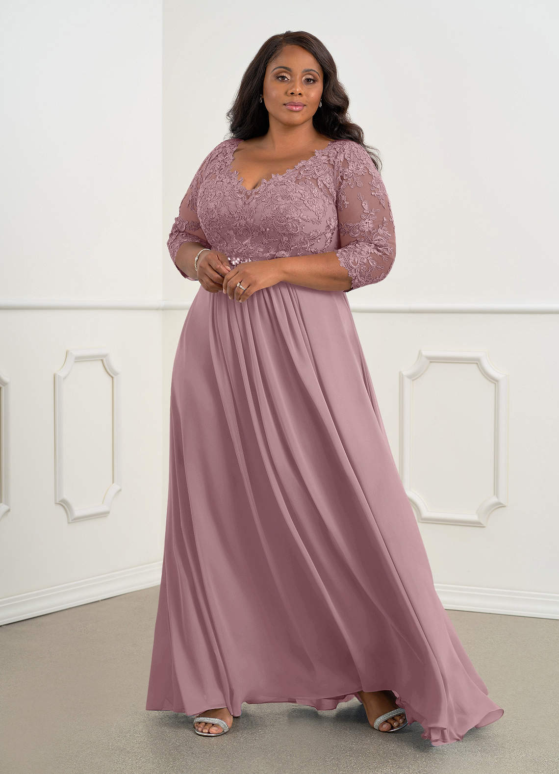 Azazie Hayek Mother of the Bride Dresses Dusty Rose A-Line V-Neck Lace Chiffon Dress image5