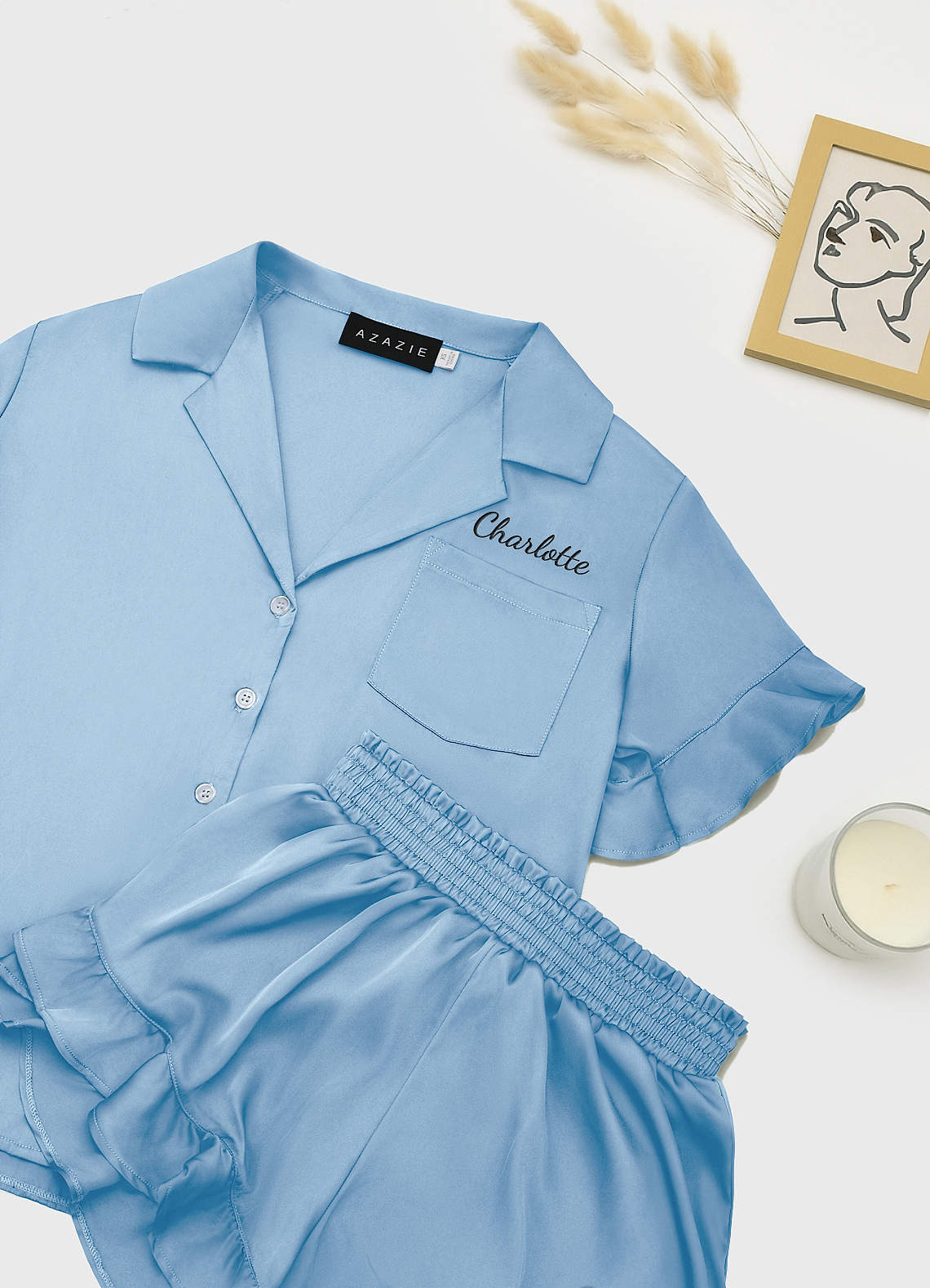 front Matching Color Personalized Embroidered Name Ruffled Short Sleeve Pajama Set