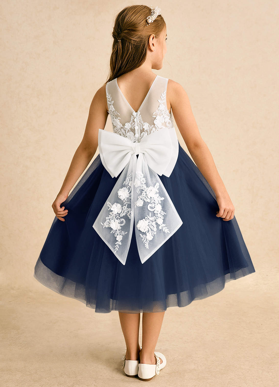 Azazie Lina Flower Girl Dresses Ivory Dark Navy Ball-Gown Lace Dress image1