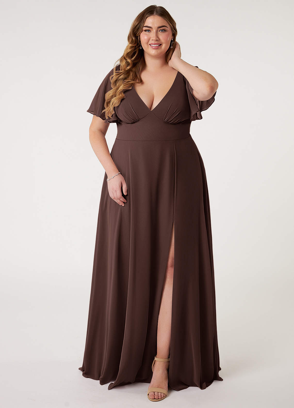 Azazie Kimber Bridesmaid Dresses Ganache A-Line Flounce Sleeve Chiffon Dress image1