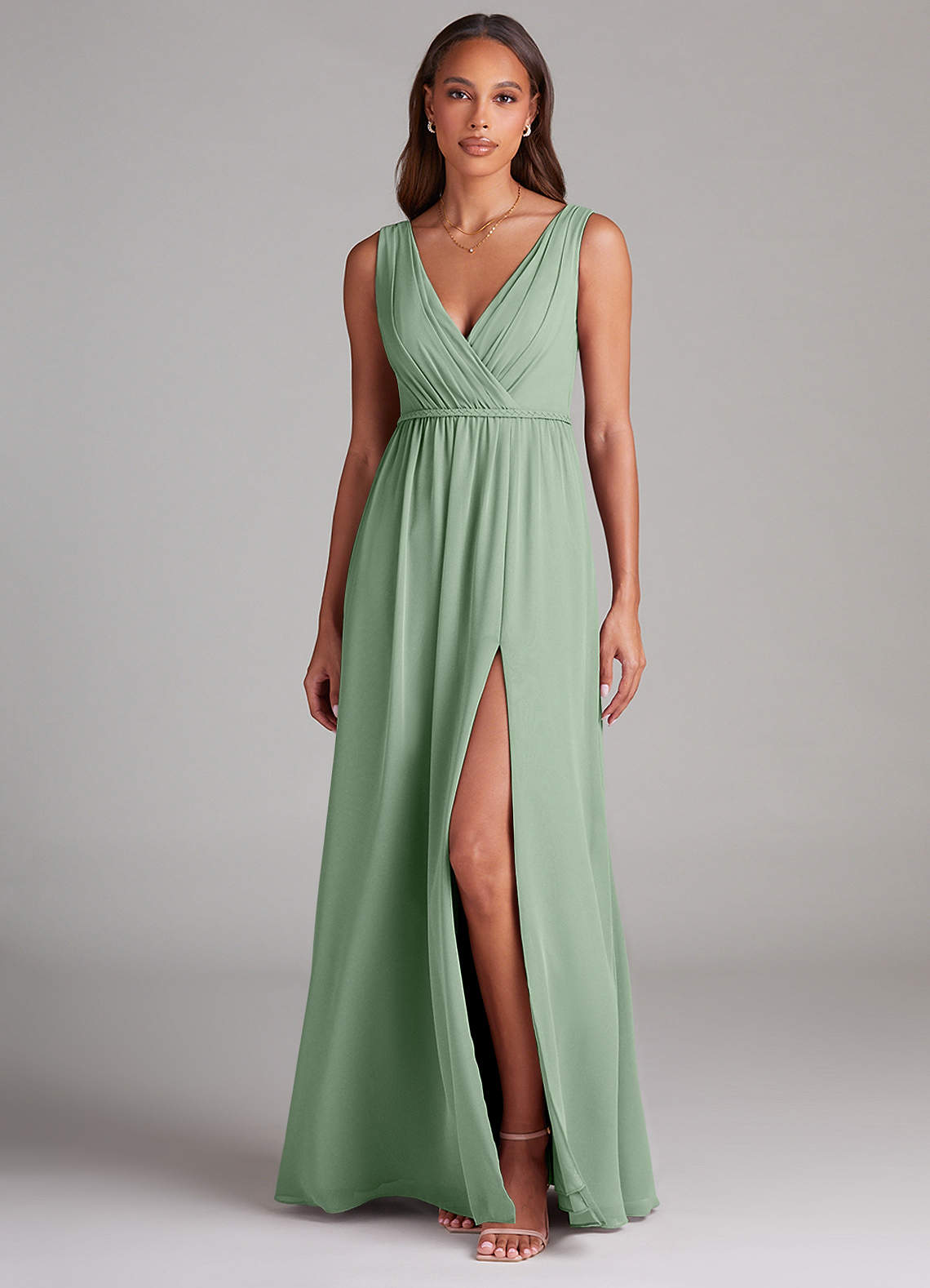 Azazie Tanicia Brautjungfernkleider A-Linie Plissee Chiffon Kleid Matcha image1