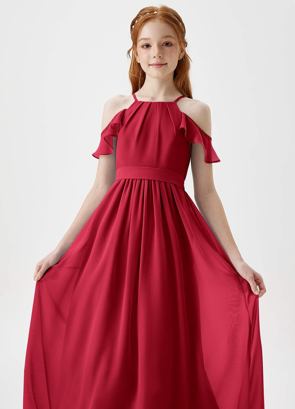 Azazie Chaya Junior Scarlet A-Line Off the Shoulder Chiffon Dress image1