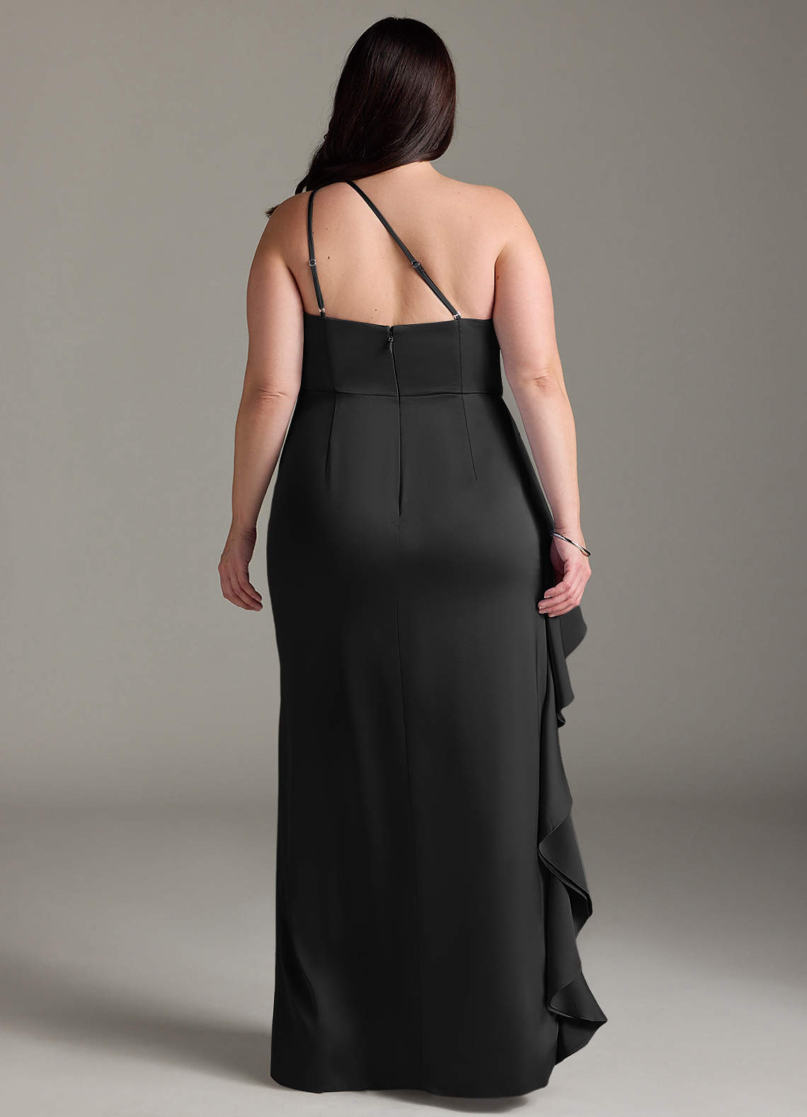 Azazie Latrice At-home Try On Dresses Black Sheath One Shoulder Cascading Ruffles Stretch Satin Dress image8
