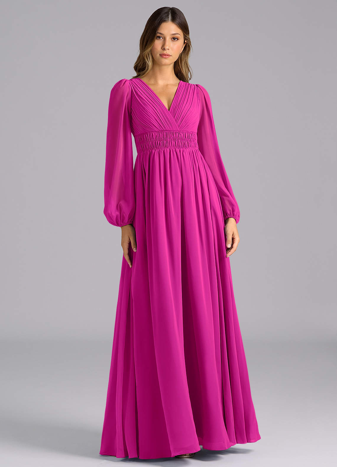 Azazie Palerma Jurken voor bruidsmeisjes Jurk van Chiffon met A-Lijn Lange mouw Fuchsia image1