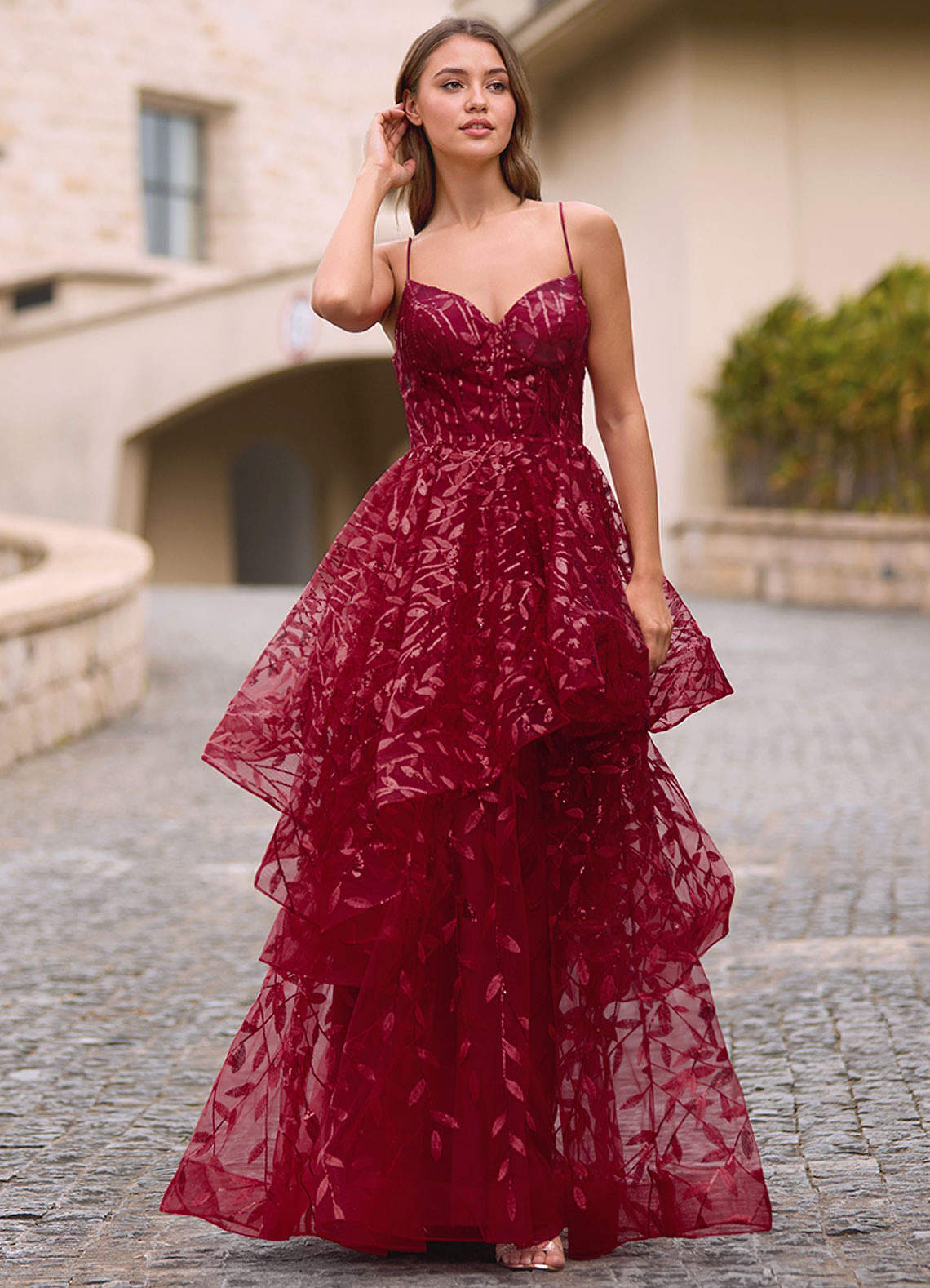 Valentina Burgundy Embroidered Jacquard Sheer Prom Dress