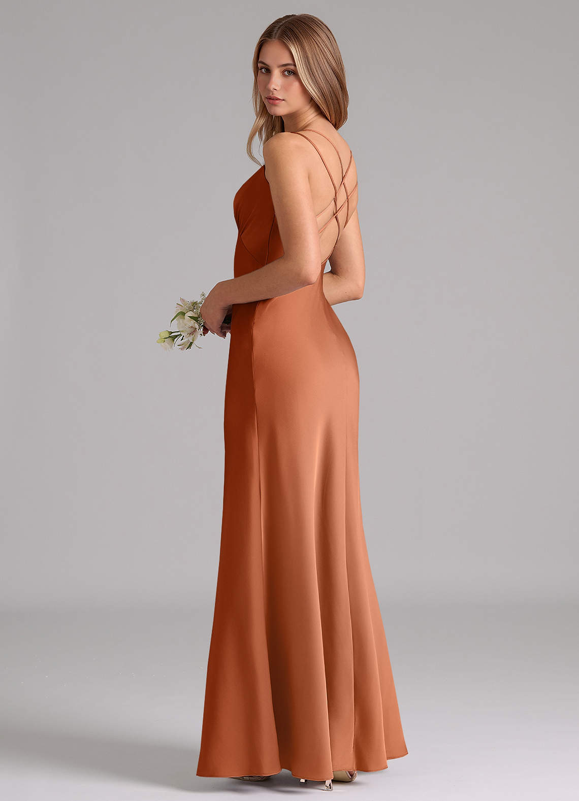 Azazie Suttona Bridesmaid Dresses Copper A-Line Pleated Stretch Satin Dress image1