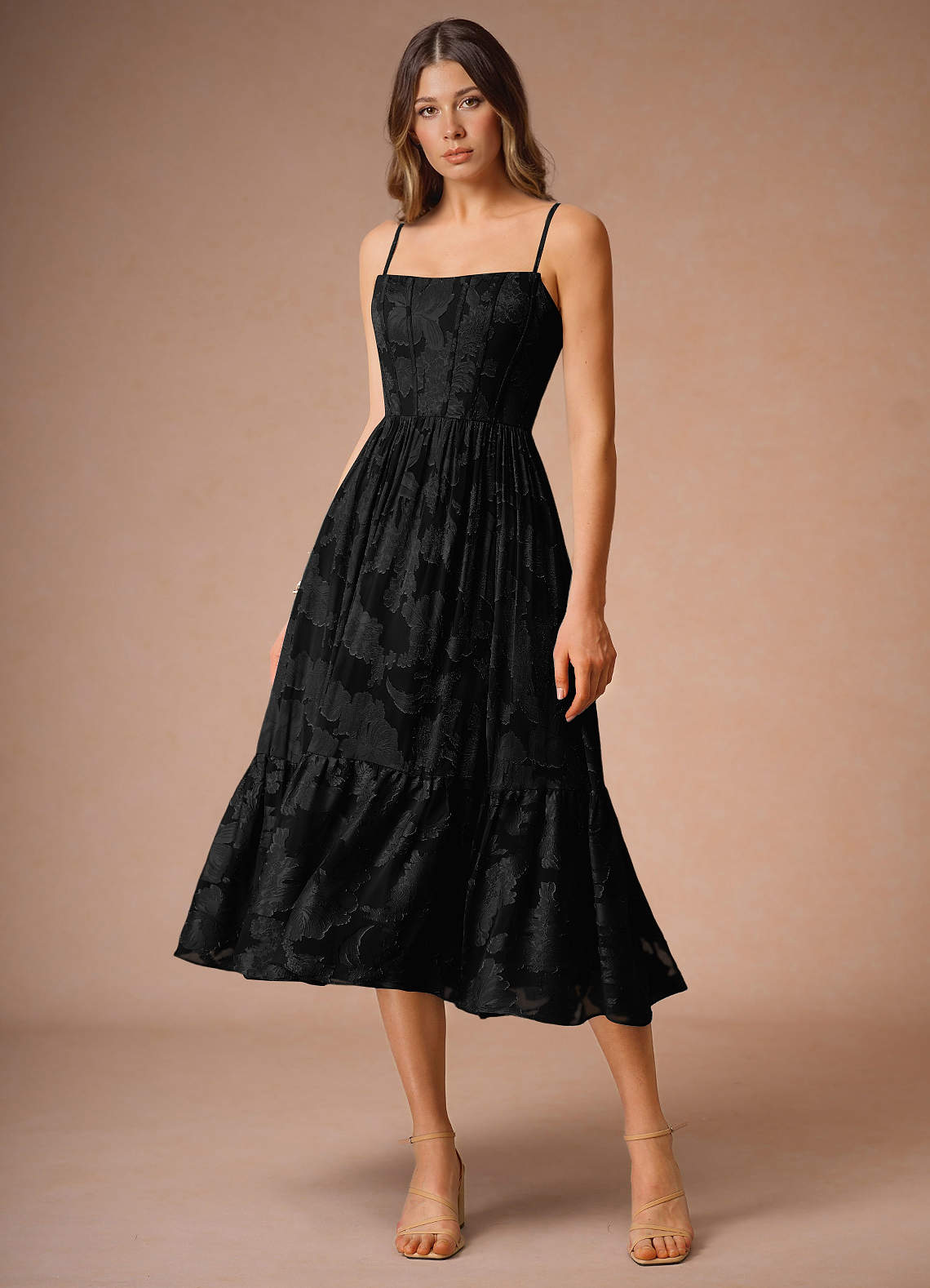 【美品】EARIH RAISED BACK BELTED DRESS ワンピース Eole Black Midi Dress Ready to Ship | Azazie