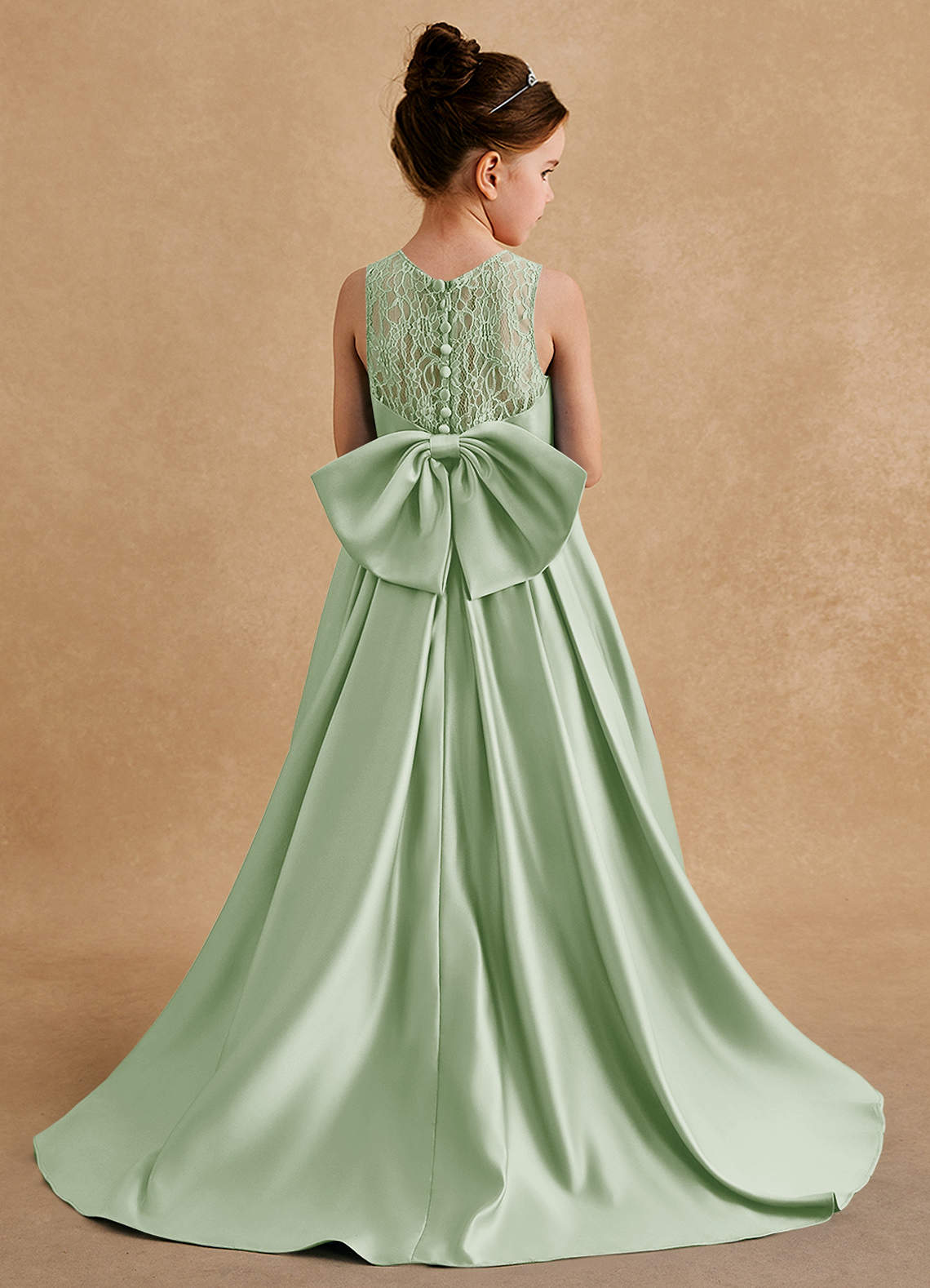 Azazie Sammy Flower Girl Dresses Dusty Sage A-Line Lace Matte Satin Dress image1
